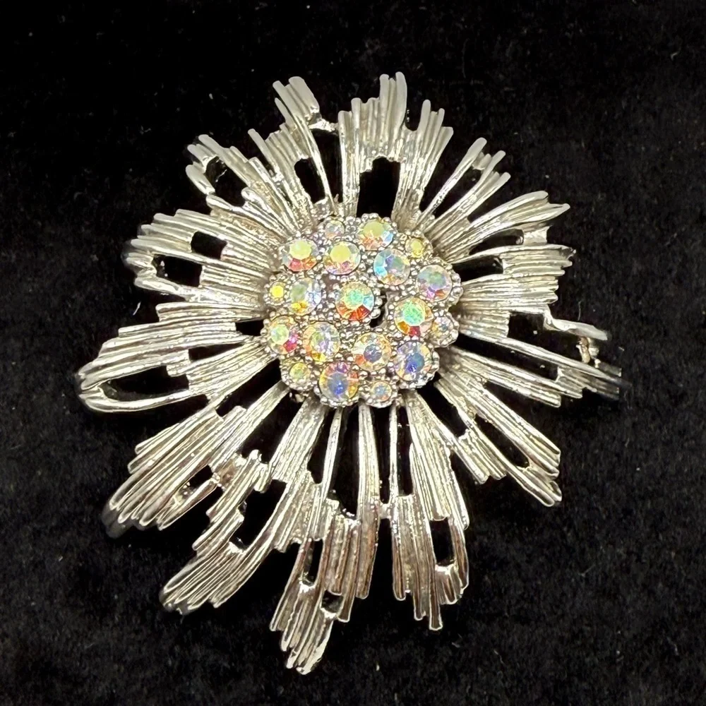 Vintage Aurora Borealis Rhinestone Starburst Brooch Mid Century Costume jewelry